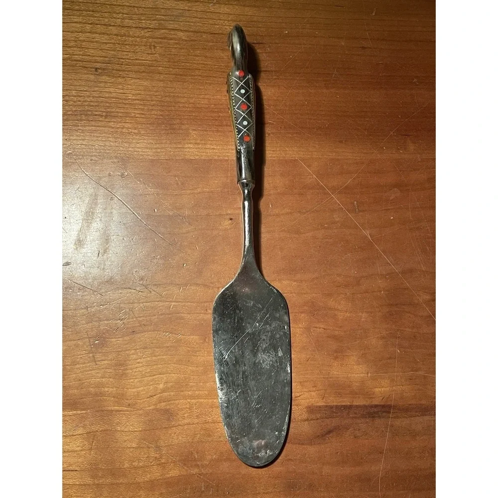 Rare Vintage Carved Bird Heron  Handle Pie Server Inlaid Metal Blade Mid-Century